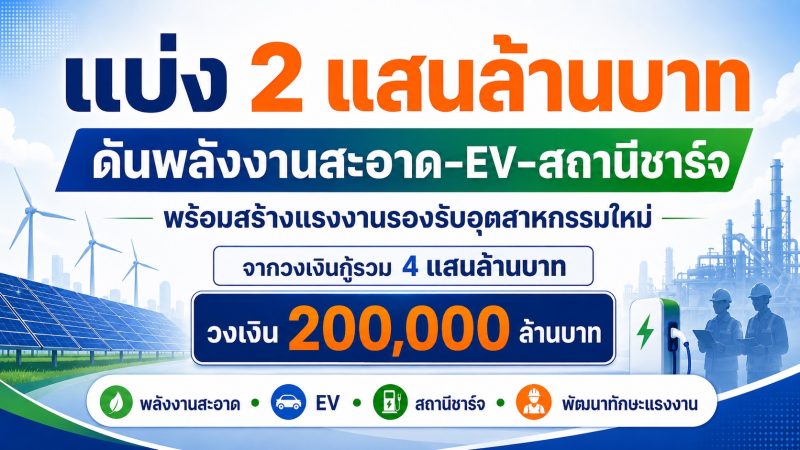 รัฐบาลเดินหน้าเงินกู้ 4 แสนล้านบาท แบ่ 2 แสนล้าน ดันพลังงานสะอาด–EV–สถานีชาร์จ พร้อมสร้างแรงงานรองรับอุตสาหกรรมใหม่
