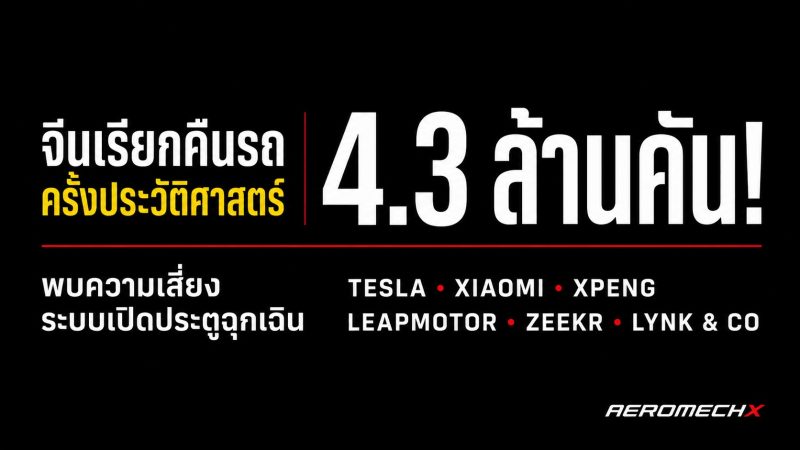 จีนเรียกคืนรถครั้งประวัติศาสตร์ 4.3 ล้านคัน! Tesla มากสุดเกือบ 3 ล้านคัน หลังพบความเสี่ยงระบบเปิดประตูฉุกเฉิน