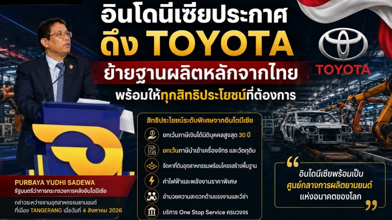 อินโดนีเซียประกาศดึง TOYOTA ย้ายฐานผลิตหลักจากไทย พร้อมให้ทุกสิทธิประโยชน์ที่ต้องการ