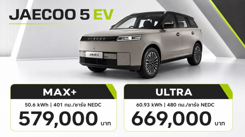JAECOO 5 EV MAX+/ ULTRA ราคาในไทย 579,900 – 669,900 บาท วิ่งได้ 401-480 กม./ชาร์จ NEDC