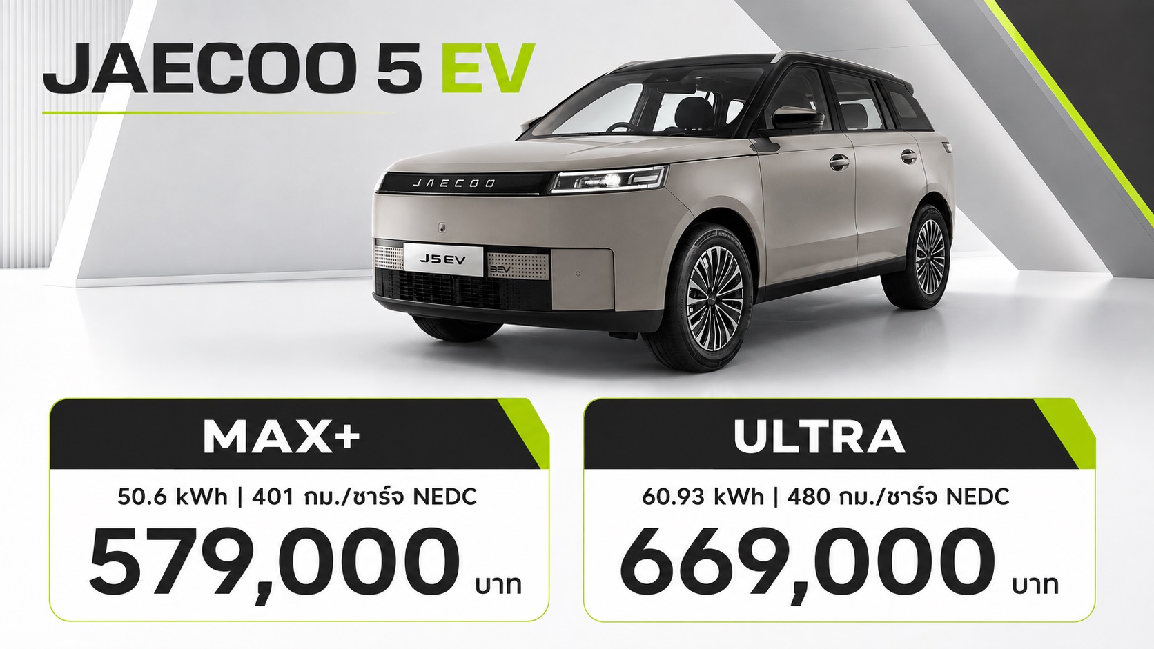 JAECOO 5 EV MAX+/ ULTRA ราคาในไทย 579,900 – 669,900 บาท วิ่งได้ 401-480 กม./ชาร์จ NEDC