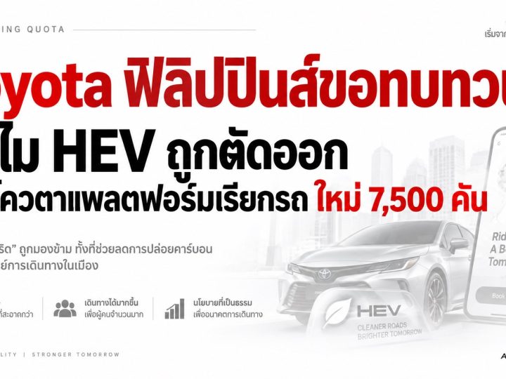 TOYOTA ฟิลิปปินส์ขอทบทวน! ทำไม HEV ถูกตัดออกจากโควตาแพลตฟอร์มเรียกรถ ใหม่ 7,500 คัน