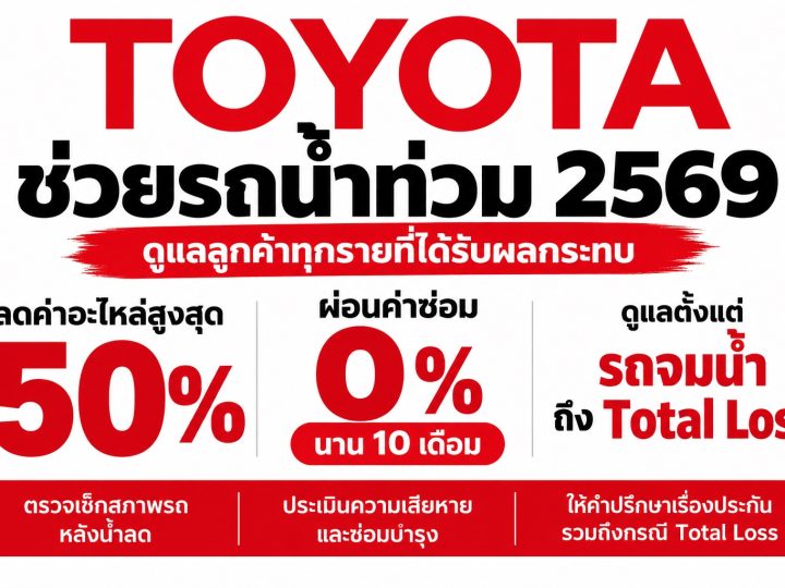 TOYOTA ช่วยรถน้ำท่วม 2569 ลดอะไหล่สูงสุด 50% ผ่อน 0% 10 เดือน ดูแลตั้งแต่รถจมน้ำถึง Total Loss