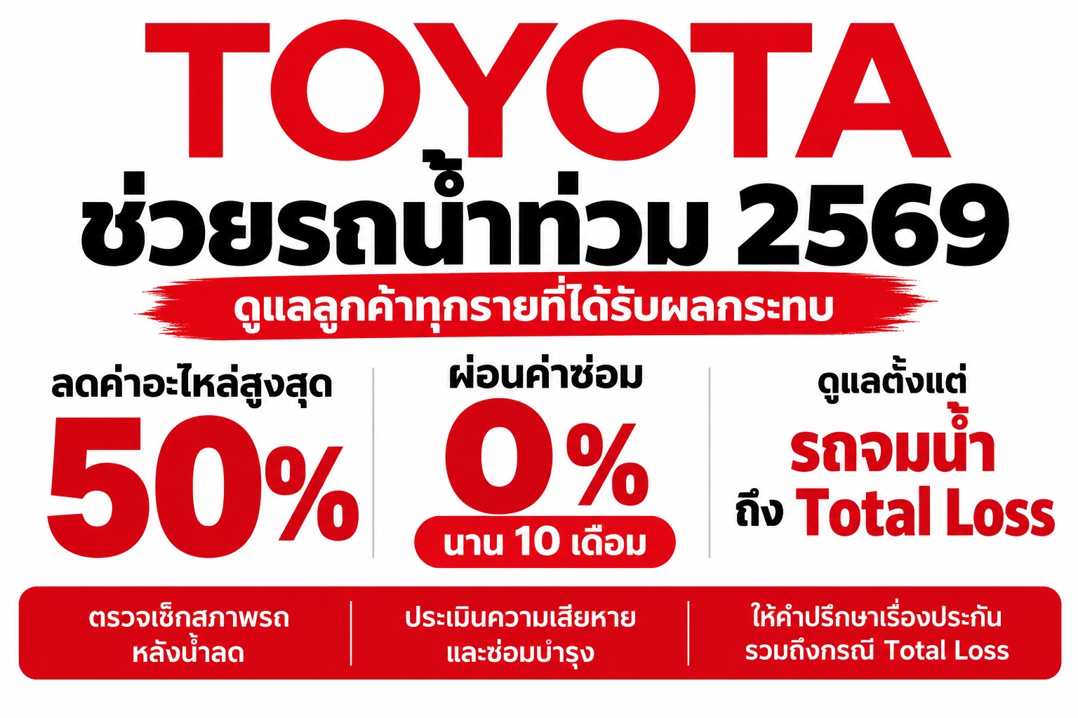TOYOTA ช่วยรถน้ำท่วม 2569 ลดอะไหล่สูงสุด 50% ผ่อน 0% 10 เดือน ดูแลตั้งแต่รถจมน้ำถึง Total Loss