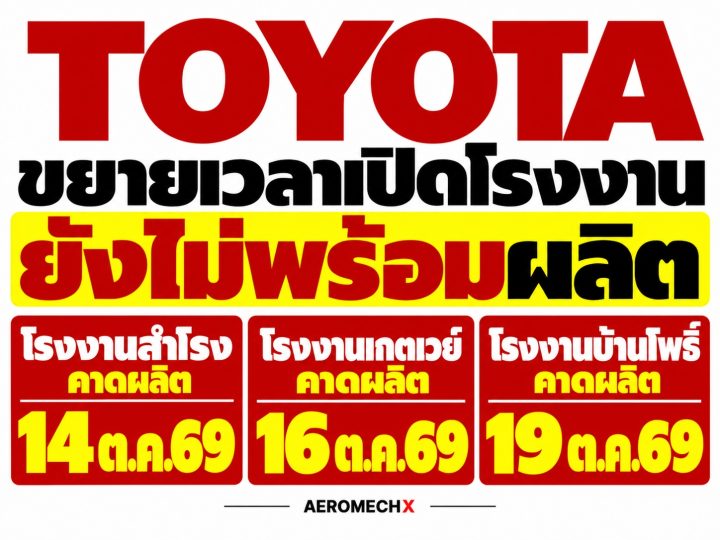 TOYOTA ขยายหยุดผลิต 3 โรงงาน ถึง 14 – 19 ต.ค. 2569 น้ำท่วมกระทบชิ้นส่วน ในประเทศไทย